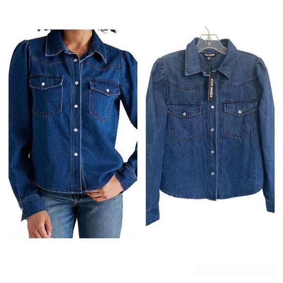 NWT Steve Madden Denim CHARLEY Snap-Up TOP Sz XS - Picture 1 of 11